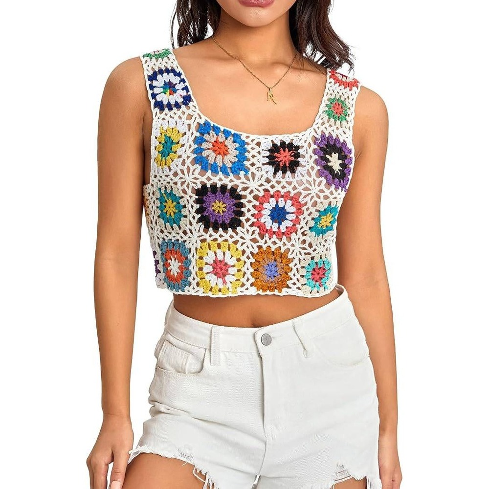 Unbranded Crochet Crop Top Women Medium Multi-Color Granny Square Boho Festival - Picture 1 of 4